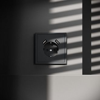 Розетка встраиваемая Voltum S70 с заземлением и защитными шторками, 16А, с USB, A+A, графит пластик Soft touch VLS040407