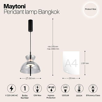 Подвесной светильник  25*57,8 см, LED 1 12W, 3000К, Черный Maytoni Bangkok MOD185PL-L6B3K5