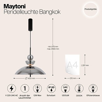 Подвесной светильник  40*67,9 см, LED 1 12W, 3000К, Черный Maytoni Bangkok MOD185PL-L6B3K6