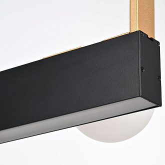 Подвесная люстра Favourite Fitirum 4072-6P, L1200*W240*H200/1200, Каркас черного цвета в сочетании с золотым, плафоны из белого акрила, два источника света - встроенная лента LED и лампы внутри плафонов.