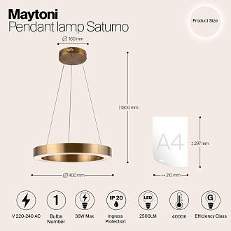 Светильник 40 см, 36W, 4000K Maytoni Saturno MOD415PL-L36BS4K, латунь