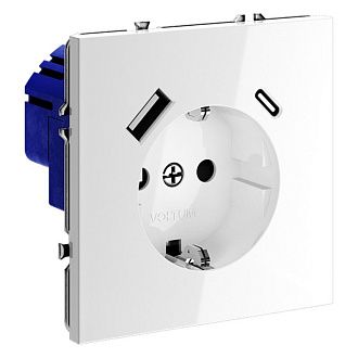 Розетка встраиваемая Voltum S70 с заземлением и защитными шторками, 16А, с USB, A+С, белый  пластик  VLS040501