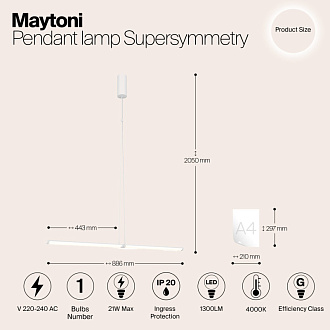 Подвесной светильник  4*4*88,6 см, LED 1 21W, 4000К, Белый Maytoni Supersymmetry P096PL-L11WK1