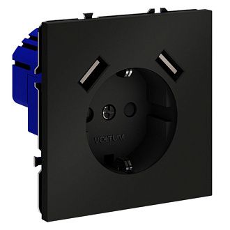 Розетка встраиваемая Voltum S70 с заземлением и защитными шторками, 16А, с USB, A+A, черный матовый пластик Soft touch VLS040408