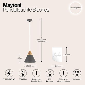 Подвесной светильник Maytoni Bicones P359-PL-220-C, диаметр 22 см, серый