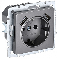 BRITE Розетка с заземлением с защитными шторками 16А с USB A+A 3,1А РЮш10-2-БрС сталь