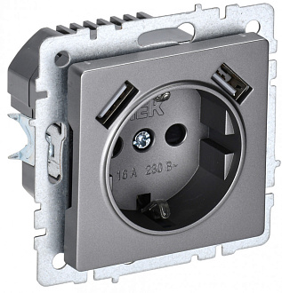 BRITE Розетка с заземлением с защитными шторками 16А с USB A+A 3,1А РЮш10-2-БрС сталь