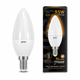 103101110 Лампа Gauss Свеча 9.5W 890lm 3000К E14 LED 1/10/100