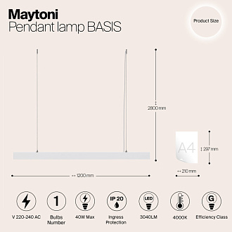 Подвесной светодиодный светильник 120 см Maytoni Vinder P051PL-L40W4K, 40W LED, 4000K, белый
