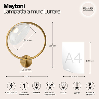 Светодиодный светильник 35 см, 5W, 3000K, Maytoni Moon MOD327WL-L5BS3K, латунь