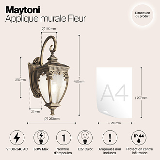 Светильник 48 см, Maytoni Fleur O414WL-01GB, черный с золотом