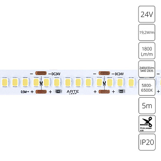 Светодиодная Лента 24V, 19,2W, 9000lm, 6000К, IP20, Arte Lamp Tape A2424010-03-6K, Белый, цена за катушку 5 метров