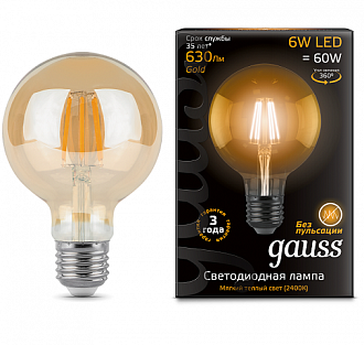 105802006 Лампа Gauss Filament G95 6W 550lm 2400К Е27 golden LED 1/20