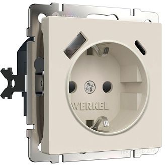 W1171762 Розетка с заземлением, шторками и USB тип A+C, айвори матовый Werkel, 4690389213274