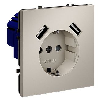 Розетка встраиваемая Voltum S70 с заземлением и защитными шторками, 16А, с USB, A+A, кашемир пластик Soft touch VLS040403