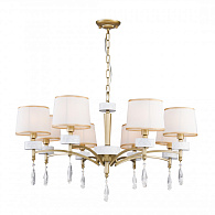 Подвесная люстра Favourite Mirra 2706-8P, D860*H550/1550, каркас светло-золотого и перламутрово-белого цвета, абажуры из белой ткани с золотой тесьмой, декоративные элементы выполнены из прозрачного хрусталя