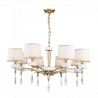 Подвесная люстра Favourite Mirra 2706-8P, D860*H550/1550, каркас светло-золотого и перламутрово-белого цвета, абажуры из белой ткани с золотой тесьмой, декоративные элементы выполнены из прозрачного хрусталя