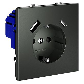 Розетка встраиваемая Voltum S70 с заземлением и защитными шторками, 16А, с USB, A+С, титан пластик Soft touch VLS040506