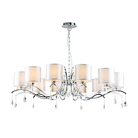 Подвесная люстра Favourite Low 2866-12P, D1100*H320/1320, хром, плафоны из светло-серой ткани, декоративный элемент в виде подвесок с хрусталем