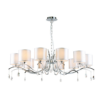 Подвесная люстра Favourite Low 2866-12P, D1100*H320/1320, хром, плафоны из светло-серой ткани, декоративный элемент в виде подвесок с хрусталем