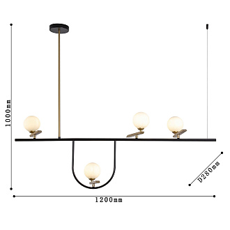 Подвесная люстра F-Promo Pouli 4109-4P, L1200*W280*H1000, каркас матового черного цвета с золотыми декоративными элементами, поворотные плафоны из выдувного стекла белого цвета, часть каркаса фиксируется трос