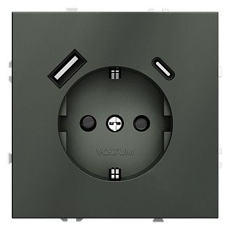 Розетка встраиваемая Voltum S70 с заземлением и защитными шторками, 16А, с USB, A+С, титан пластик Soft touch VLS040506