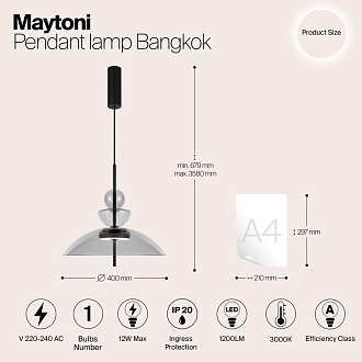 Подвесной светильник  40*67,9 см, LED 12W, 3000К, Черный Maytoni Bangkok MOD185PL-L11B3K3