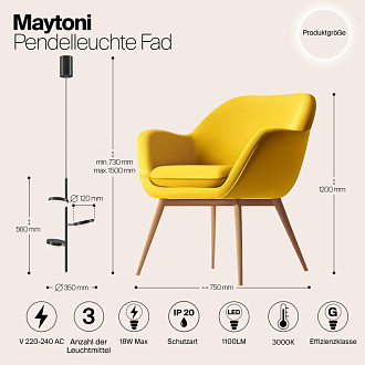 Светодиодный светильник 35 см, 18W, 3000K, Maytoni Fad MOD070PL-L18B3K, черный-хром
