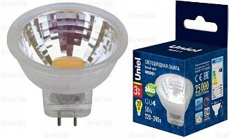 Лампа светодиодная Uniel G4 MR11 12V 3W (200lm 110°) 4000K, пластик, 35x35, без стекла, прозрачная, LED-MR11-3W/NW/GU4 GLZ21TR 