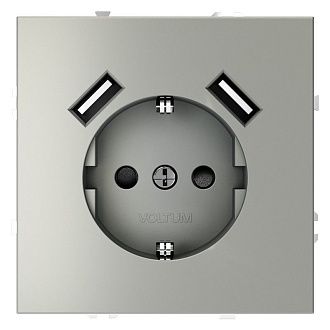 Розетка встраиваемая Voltum S70 с заземлением и защитными шторками, 16А, с USB, A+A, сталь пластик Soft touch VLS040405