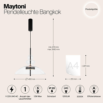 Подвесной светильник  40*67,9 см, LED 1 12W, 3000К, Черный Maytoni Bangkok MOD185PL-L6B3K3