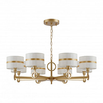 Подвесная люстра Favourite Mateo 2634-8P, D900*H265/1315, каркас золотого цвета, абажуры из белой ткани с золотистыми лентами, люстру можно монтировать как плафонами вверх, так и плафонами вниз