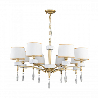 Подвесная люстра Favourite Mirra 2706-8P, D860*H550/1550, каркас светло-золотого и перламутрово-белого цвета, абажуры из белой ткани с золотой тесьмой, декоративные элементы выполнены из прозрачного хрусталя