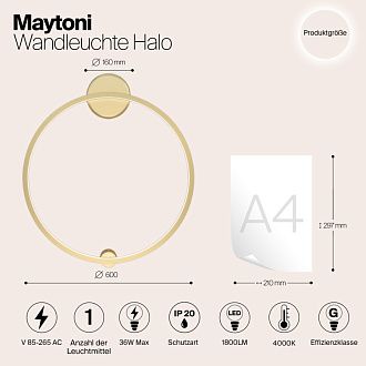 Бра 60 см, 36W, 4000K, Maytoni MOD005WL-L22BSK1, латунь