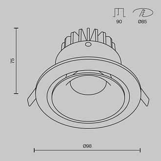 Светильник, 9.8 см, 12W, 3000К, белый, теплый свет, Maytoni Zoom DL031-2-L12W, встраиваемый LED, вр 8,5 см