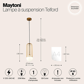 Подвесной светильник Maytoni Telford P361PL-01G, золото, диаметр 12 см
