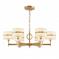 Подвесная люстра Favourite Mateo 2634-6P, D800*H265/1315, каркас золотого цвета, абажуры из белой ткани с золотистыми лентами, люстру можно монтировать как плафонами вверх, так и плафонами вниз