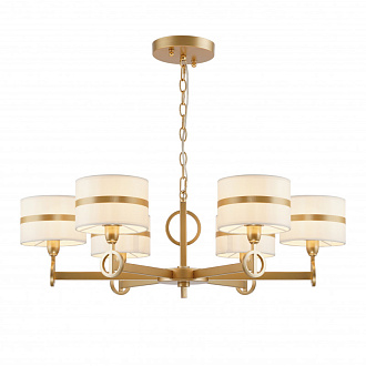 Подвесная люстра Favourite Mateo 2634-6P, D800*H265/1315, каркас золотого цвета, абажуры из белой ткани с золотистыми лентами, люстру можно монтировать как плафонами вверх, так и плафонами вниз