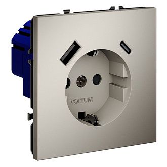 Розетка встраиваемая Voltum S70 с заземлением и защитными шторками, 16А, с USB, A+С, кашемир пластик Soft touch VLS040503