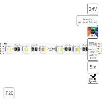 A2406012-02-RGB3K Светодиодная лента 24В 14,4Вт/м (на канал 3,6Вт/м) RGB+3000К 90+ 10мм SMD5050 60шт/м 5м IP20 Arte Lamp Tape