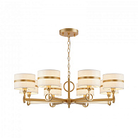 Подвесная люстра Favourite Mateo 2634-8P, D900*H265/1315, каркас золотого цвета, абажуры из белой ткани с золотистыми лентами, люстру можно монтировать как плафонами вверх, так и плафонами вниз