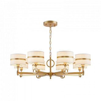Подвесная люстра Favourite Mateo 2634-8P, D900*H265/1315, каркас золотого цвета, абажуры из белой ткани с золотистыми лентами, люстру можно монтировать как плафонами вверх, так и плафонами вниз
