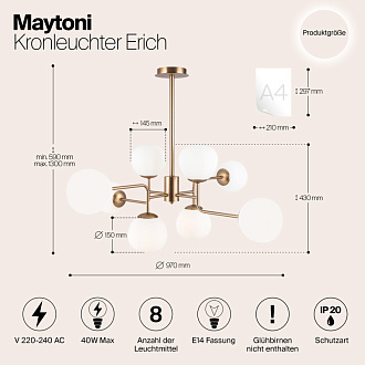 Люстра подвесная Maytoni Erich MOD221-PL-08-G, белый/золото