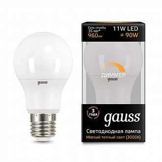 102502111-D Лампа Gauss A60 11W 960lm 3000К E27 диммируемая LED 1/10/50