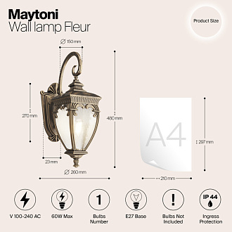 Светильник 48 см, Maytoni Fleur O414WL-01GB, черный с золотом