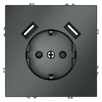 Розетка встраиваемая Voltum S70 с заземлением и защитными шторками, 16А, с USB, A+A, титан пластик Soft touch VLS040406