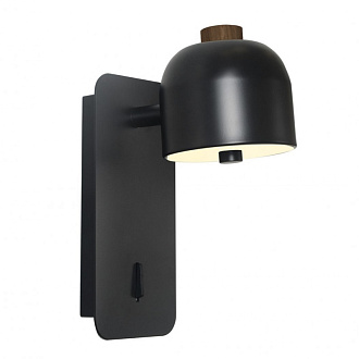 Бра Favourite Mauris 2833-1W, D165*W95*H210, настенный поворотный светильник черного цвета, с выключателем, декорирован деревянным элементом, акриловый матовый рассеиватель