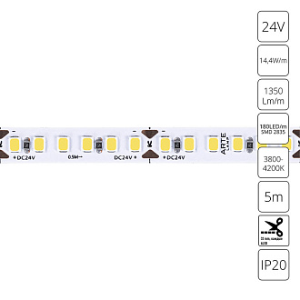 Светодиодная Лента 24V, 14,4W, 6750lm, 4000К, IP20, Arte Lamp Tape A2418008-02-4K, Белый, цена за катушку 5 метров