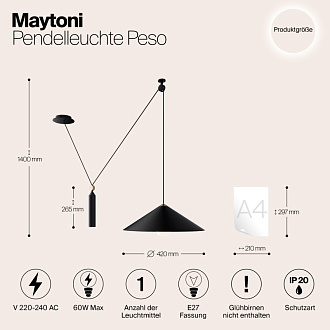 Светильник подвесной Maytoni Peso P080PL-01B, черный