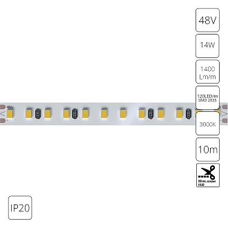 A4812010-07-3K Светодиодная лента 48В 14Вт/м 1400Лм/м 3000К 90+ 10мм SMD2835 120шт/м 10м IP20 Arte Lamp Tape